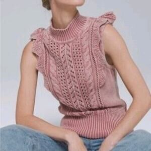 WHBM Women Boho Coquette Romantic Dusty Pink Lace Ruffle Open Knit Sweater Top M